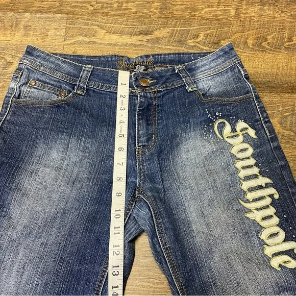 VINTAGE Southpole Jeans Juniors 11 Blue Bootcut Flare Embellished Spellout Y2K - Picture 5 of 12